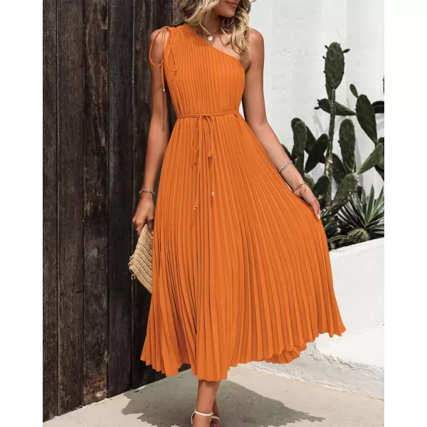 imageBTFBM Womens Drawstring One Shoulder Maxi Dresses Summer Sleeveless Tie Waist Pleated Long Flowy Party Cocktail DressSolid Orange