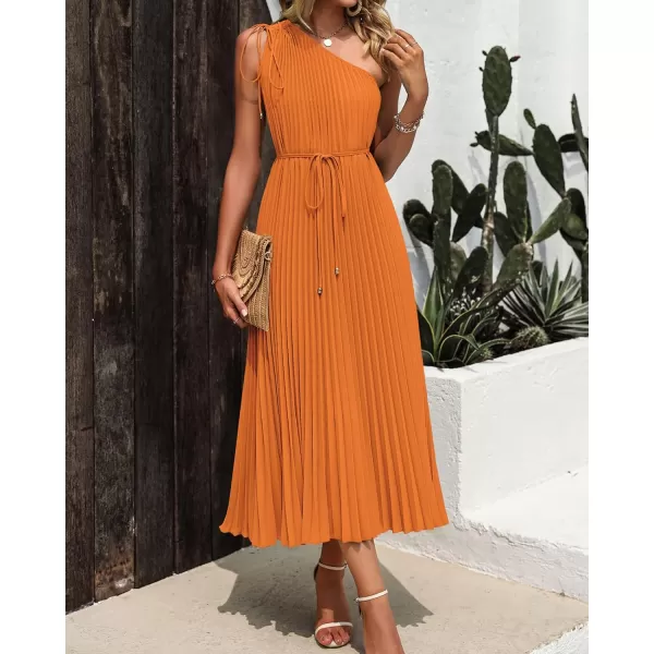 imageBTFBM Womens Drawstring One Shoulder Maxi Dresses Summer Sleeveless Tie Waist Pleated Long Flowy Party Cocktail DressSolid Orange