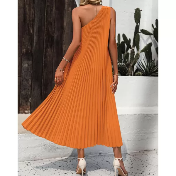 imageBTFBM Womens Drawstring One Shoulder Maxi Dresses Summer Sleeveless Tie Waist Pleated Long Flowy Party Cocktail DressSolid Orange