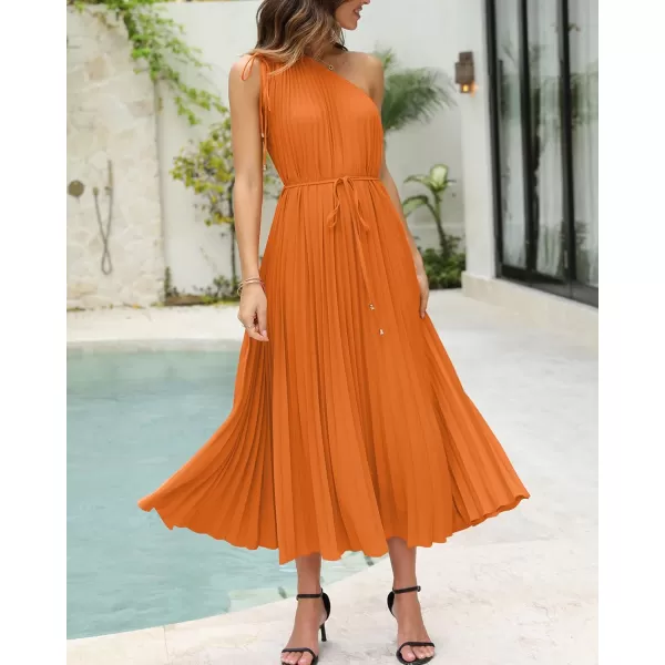 imageBTFBM Womens Drawstring One Shoulder Maxi Dresses Summer Sleeveless Tie Waist Pleated Long Flowy Party Cocktail DressSolid Orange