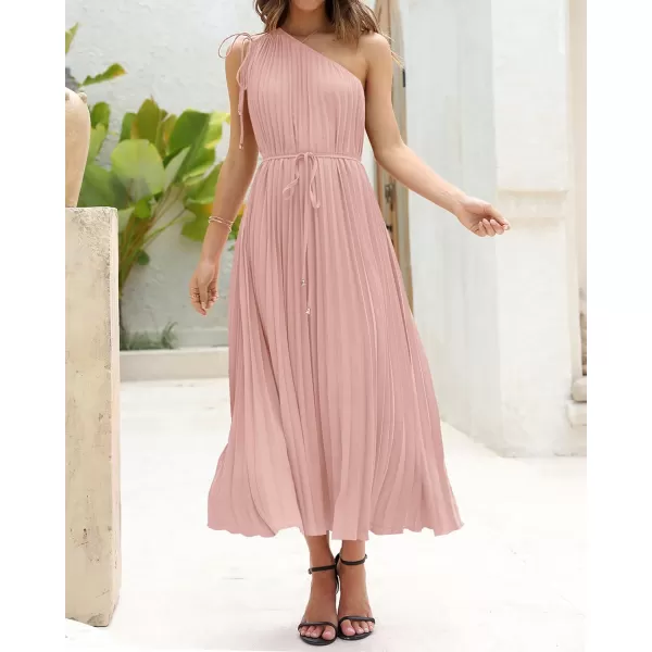 imageBTFBM Womens Drawstring One Shoulder Maxi Dresses Summer Sleeveless Tie Waist Pleated Long Flowy Party Cocktail DressSolid Pink
