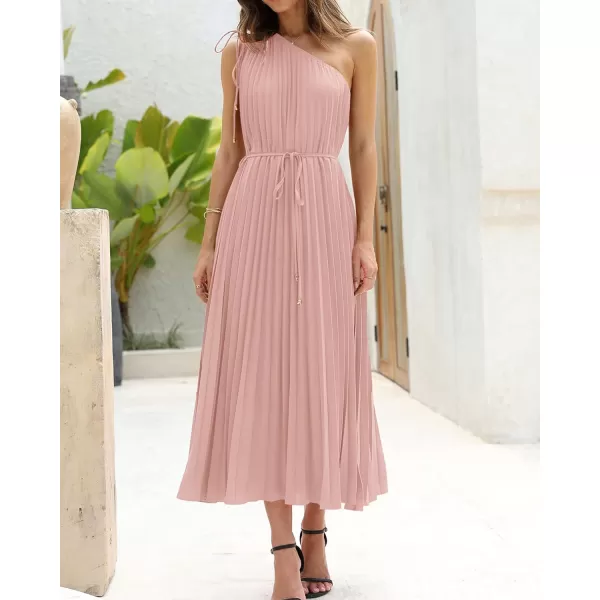 imageBTFBM Womens Drawstring One Shoulder Maxi Dresses Summer Sleeveless Tie Waist Pleated Long Flowy Party Cocktail DressSolid Pink