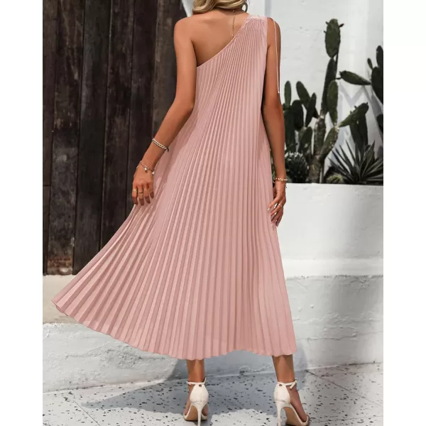 imageBTFBM Womens Drawstring One Shoulder Maxi Dresses Summer Sleeveless Tie Waist Pleated Long Flowy Party Cocktail DressSolid Pink