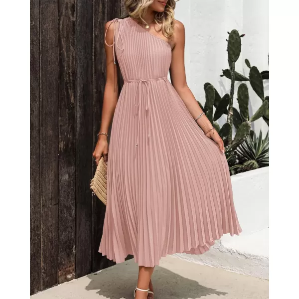 imageBTFBM Womens Drawstring One Shoulder Maxi Dresses Summer Sleeveless Tie Waist Pleated Long Flowy Party Cocktail DressSolid Pink