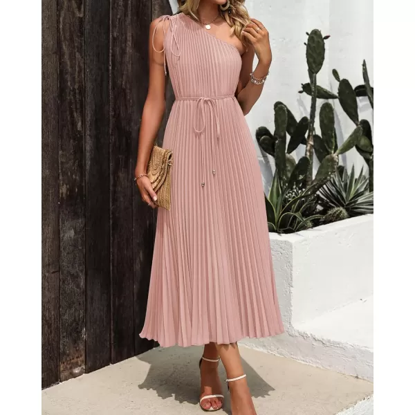 imageBTFBM Womens Drawstring One Shoulder Maxi Dresses Summer Sleeveless Tie Waist Pleated Long Flowy Party Cocktail DressSolid Pink
