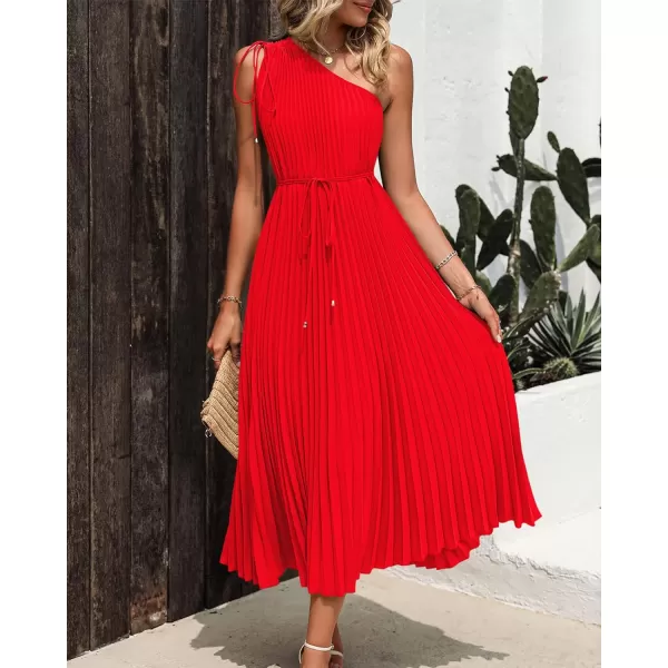 imageBTFBM Womens Drawstring One Shoulder Maxi Dresses Summer Sleeveless Tie Waist Pleated Long Flowy Party Cocktail DressSolid Red