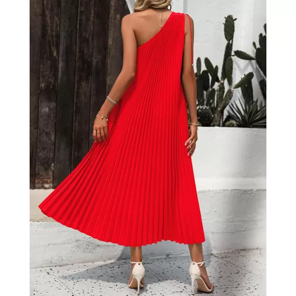 imageBTFBM Womens Drawstring One Shoulder Maxi Dresses Summer Sleeveless Tie Waist Pleated Long Flowy Party Cocktail DressSolid Red