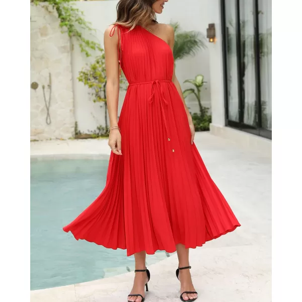 imageBTFBM Womens Drawstring One Shoulder Maxi Dresses Summer Sleeveless Tie Waist Pleated Long Flowy Party Cocktail DressSolid Red