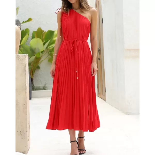 imageBTFBM Womens Drawstring One Shoulder Maxi Dresses Summer Sleeveless Tie Waist Pleated Long Flowy Party Cocktail DressSolid Red
