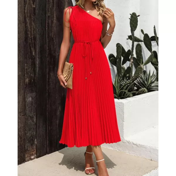 imageBTFBM Womens Drawstring One Shoulder Maxi Dresses Summer Sleeveless Tie Waist Pleated Long Flowy Party Cocktail DressSolid Red