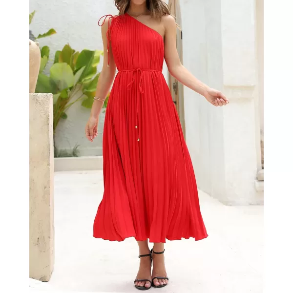 imageBTFBM Womens Drawstring One Shoulder Maxi Dresses Summer Sleeveless Tie Waist Pleated Long Flowy Party Cocktail DressSolid Red