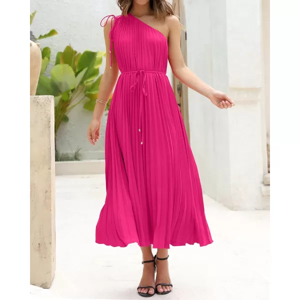 imageBTFBM Womens Drawstring One Shoulder Maxi Dresses Summer Sleeveless Tie Waist Pleated Long Flowy Party Cocktail DressSolid Rose Red