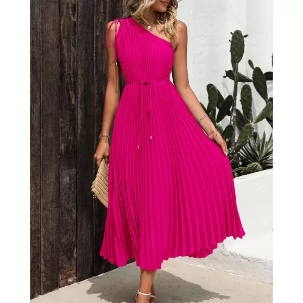 imageBTFBM Womens Drawstring One Shoulder Maxi Dresses Summer Sleeveless Tie Waist Pleated Long Flowy Party Cocktail DressSolid Rose Red