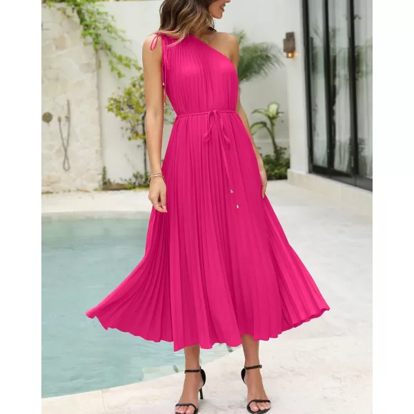 imageBTFBM Womens Drawstring One Shoulder Maxi Dresses Summer Sleeveless Tie Waist Pleated Long Flowy Party Cocktail DressSolid Rose Red