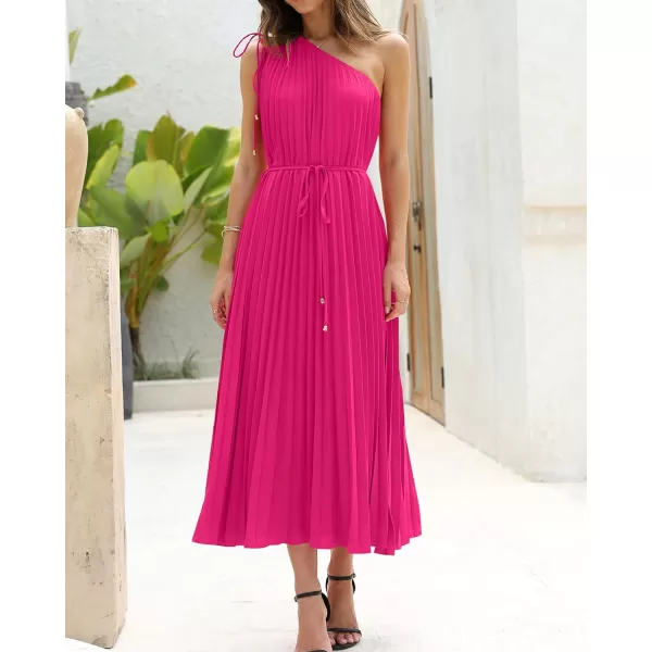 imageBTFBM Womens Drawstring One Shoulder Maxi Dresses Summer Sleeveless Tie Waist Pleated Long Flowy Party Cocktail DressSolid Rose Red