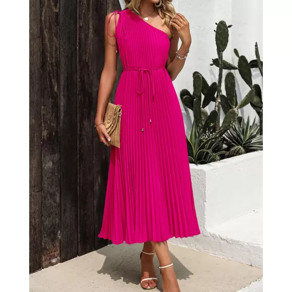 imageBTFBM Womens Drawstring One Shoulder Maxi Dresses Summer Sleeveless Tie Waist Pleated Long Flowy Party Cocktail DressSolid Rose Red