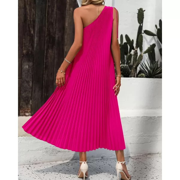 imageBTFBM Womens Drawstring One Shoulder Maxi Dresses Summer Sleeveless Tie Waist Pleated Long Flowy Party Cocktail DressSolid Rose Red
