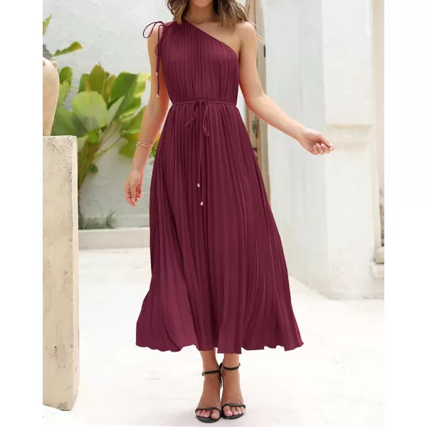 imageBTFBM Womens Drawstring One Shoulder Maxi Dresses Summer Sleeveless Tie Waist Pleated Long Flowy Party Cocktail DressSolid Wine Red
