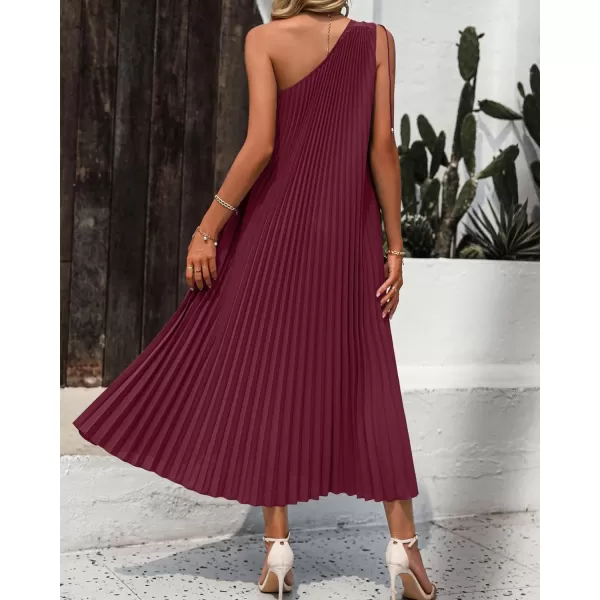 imageBTFBM Womens Drawstring One Shoulder Maxi Dresses Summer Sleeveless Tie Waist Pleated Long Flowy Party Cocktail DressSolid Wine Red