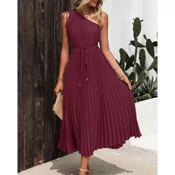 imageBTFBM Womens Drawstring One Shoulder Maxi Dresses Summer Sleeveless Tie Waist Pleated Long Flowy Party Cocktail DressSolid Wine Red
