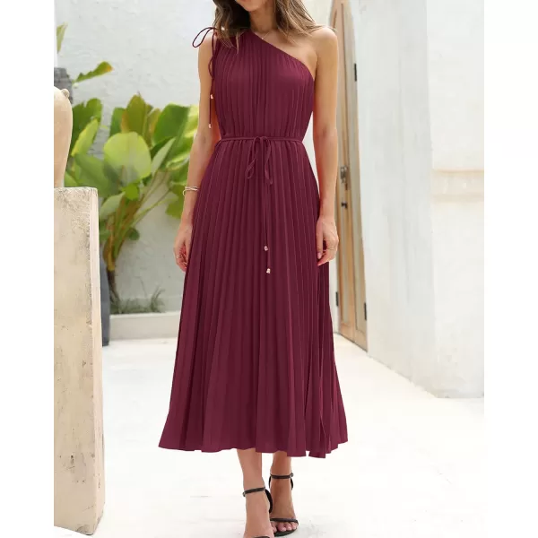 imageBTFBM Womens Drawstring One Shoulder Maxi Dresses Summer Sleeveless Tie Waist Pleated Long Flowy Party Cocktail DressSolid Wine Red