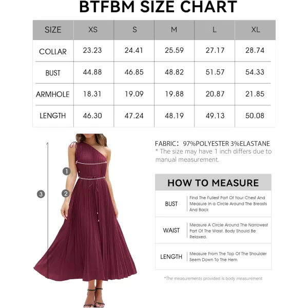 imageBTFBM Womens Drawstring One Shoulder Maxi Dresses Summer Sleeveless Tie Waist Pleated Long Flowy Party Cocktail DressSolid Wine Red
