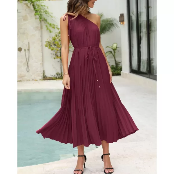 imageBTFBM Womens Drawstring One Shoulder Maxi Dresses Summer Sleeveless Tie Waist Pleated Long Flowy Party Cocktail DressSolid Wine Red