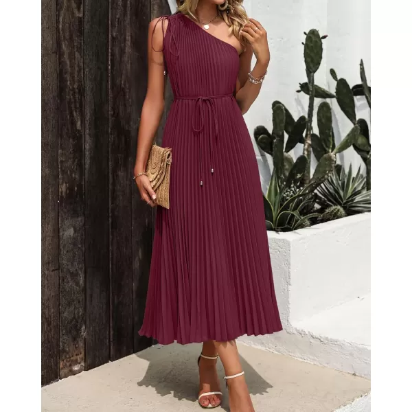 imageBTFBM Womens Drawstring One Shoulder Maxi Dresses Summer Sleeveless Tie Waist Pleated Long Flowy Party Cocktail DressSolid Wine Red
