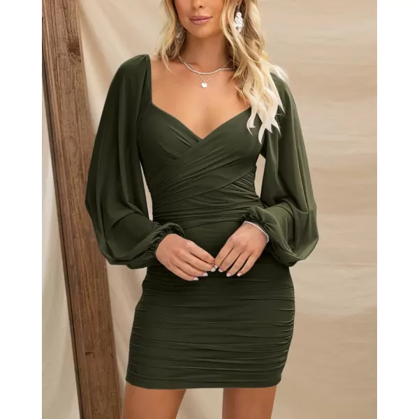 imageBTFBM Womens Elegant Ruched Bodycon Dresses Summer Fall Mesh Long Sleeve Cross V Neck Party Club Cocktail Mini DressSolid Army Green
