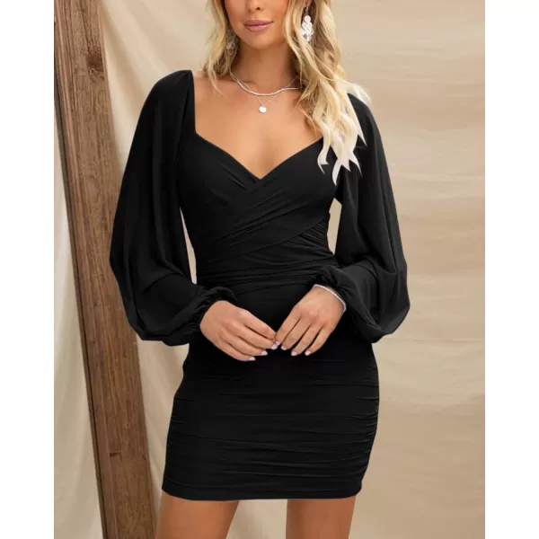 imageBTFBM Womens Elegant Ruched Bodycon Dresses Summer Fall Mesh Long Sleeve Cross V Neck Party Club Cocktail Mini DressSolid Black