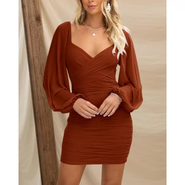 imageBTFBM Womens Elegant Ruched Bodycon Dresses Summer Fall Mesh Long Sleeve Cross V Neck Party Club Cocktail Mini DressSolid Caramel