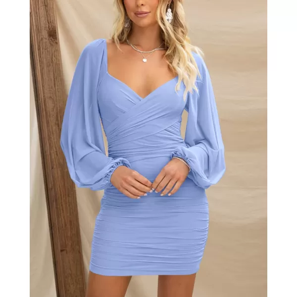 imageBTFBM Womens Elegant Ruched Bodycon Dresses Summer Fall Mesh Long Sleeve Cross V Neck Party Club Cocktail Mini DressSolid Light Blue