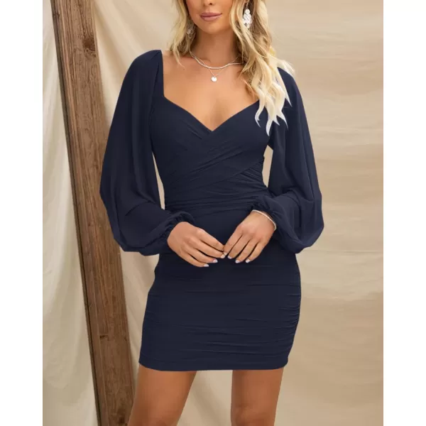 imageBTFBM Womens Elegant Ruched Bodycon Dresses Summer Fall Mesh Long Sleeve Cross V Neck Party Club Cocktail Mini DressSolid Navy