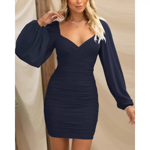 imageBTFBM Womens Elegant Ruched Bodycon Dresses Summer Fall Mesh Long Sleeve Cross V Neck Party Club Cocktail Mini DressSolid Navy