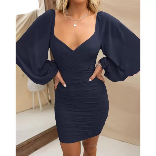 imageBTFBM Womens Elegant Ruched Bodycon Dresses Summer Fall Mesh Long Sleeve Cross V Neck Party Club Cocktail Mini DressSolid Navy