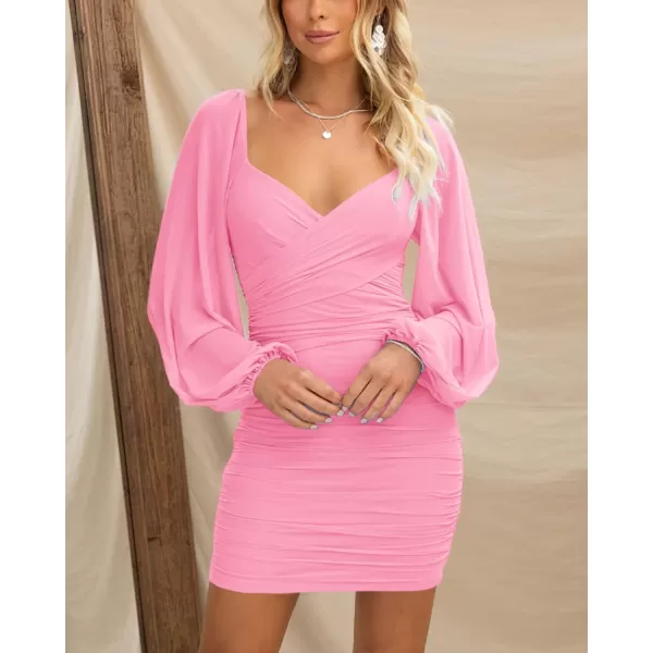 imageBTFBM Womens Elegant Ruched Bodycon Dresses Summer Fall Mesh Long Sleeve Cross V Neck Party Club Cocktail Mini DressSolid Pink