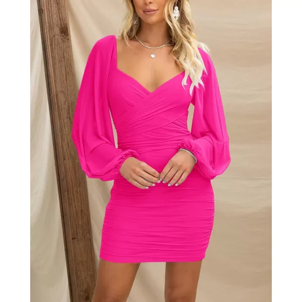 imageBTFBM Womens Elegant Ruched Bodycon Dresses Summer Fall Mesh Long Sleeve Cross V Neck Party Club Cocktail Mini DressSolid Rose Red