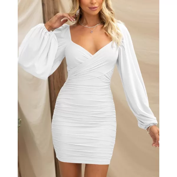 imageBTFBM Womens Elegant Ruched Bodycon Dresses Summer Fall Mesh Long Sleeve Cross V Neck Party Club Cocktail Mini DressSolid White