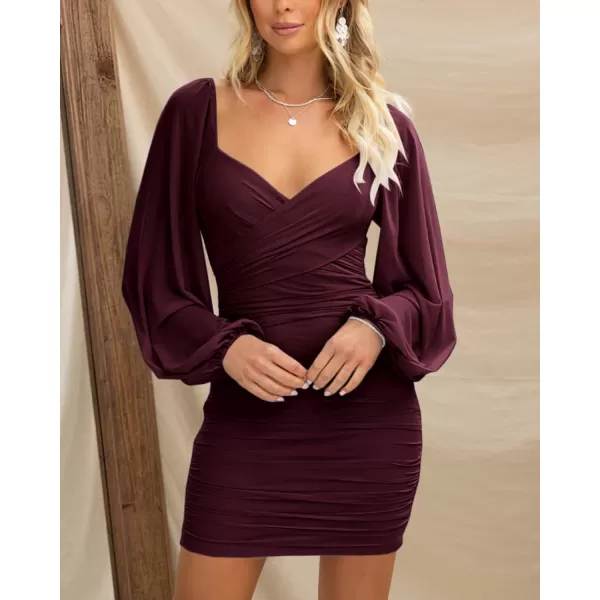 imageBTFBM Womens Elegant Ruched Bodycon Dresses Summer Fall Mesh Long Sleeve Cross V Neck Party Club Cocktail Mini DressSolid Wine Red