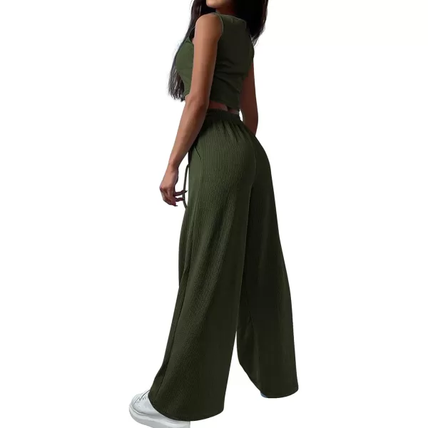 imageBTFBM Womens Fall 3 Piece Outfits Fashion Matching Sets Ribbed Knit Cardigan Cropped Tank Tops Wide Leg Pant TracksuitsSolid Army Green