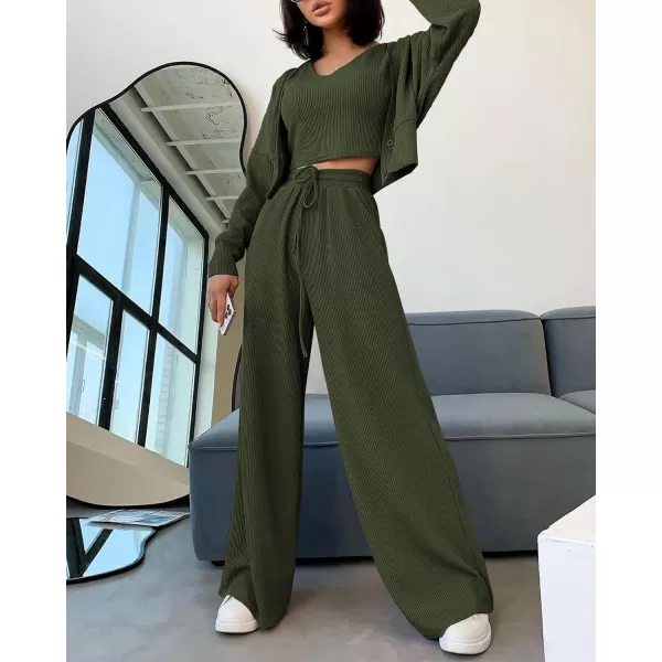 imageBTFBM Womens Fall 3 Piece Outfits Fashion Matching Sets Ribbed Knit Cardigan Cropped Tank Tops Wide Leg Pant TracksuitsSolid Army Green