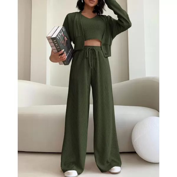 imageBTFBM Womens Fall 3 Piece Outfits Fashion Matching Sets Ribbed Knit Cardigan Cropped Tank Tops Wide Leg Pant TracksuitsSolid Army Green