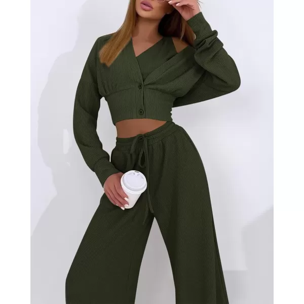 imageBTFBM Womens Fall 3 Piece Outfits Fashion Matching Sets Ribbed Knit Cardigan Cropped Tank Tops Wide Leg Pant TracksuitsSolid Army Green