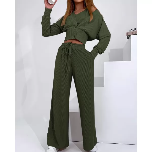 imageBTFBM Womens Fall 3 Piece Outfits Fashion Matching Sets Ribbed Knit Cardigan Cropped Tank Tops Wide Leg Pant TracksuitsSolid Army Green