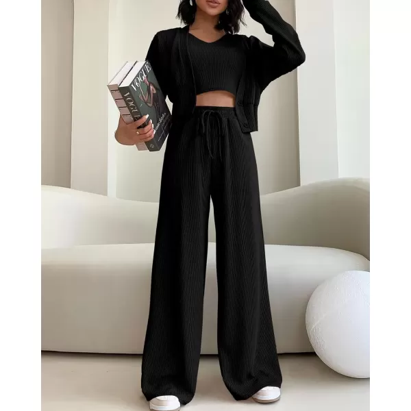 imageBTFBM Womens Fall 3 Piece Outfits Fashion Matching Sets Ribbed Knit Cardigan Cropped Tank Tops Wide Leg Pant TracksuitsSolid Black