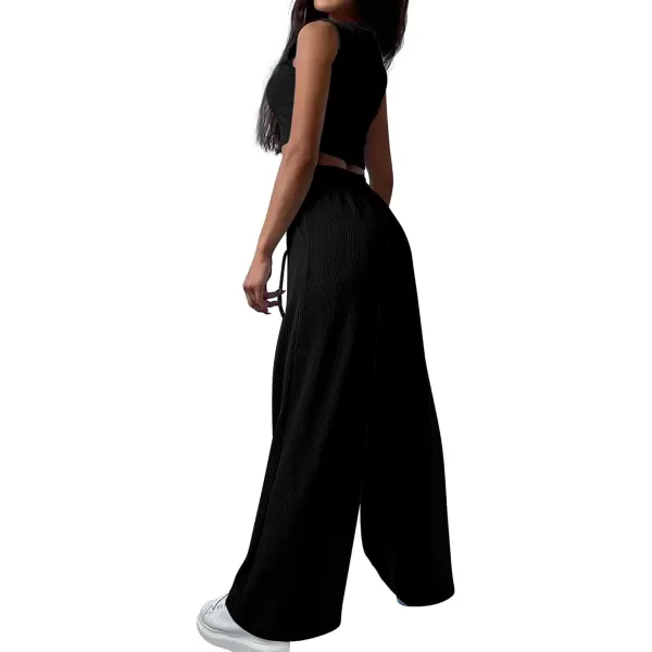 imageBTFBM Womens Fall 3 Piece Outfits Fashion Matching Sets Ribbed Knit Cardigan Cropped Tank Tops Wide Leg Pant TracksuitsSolid Black