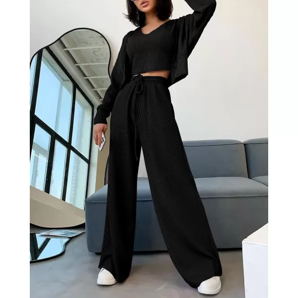 imageBTFBM Womens Fall 3 Piece Outfits Fashion Matching Sets Ribbed Knit Cardigan Cropped Tank Tops Wide Leg Pant TracksuitsSolid Black