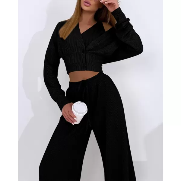 imageBTFBM Womens Fall 3 Piece Outfits Fashion Matching Sets Ribbed Knit Cardigan Cropped Tank Tops Wide Leg Pant TracksuitsSolid Black