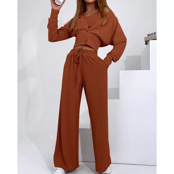 imageBTFBM Womens Fall 3 Piece Outfits Fashion Matching Sets Ribbed Knit Cardigan Cropped Tank Tops Wide Leg Pant TracksuitsSolid Brown