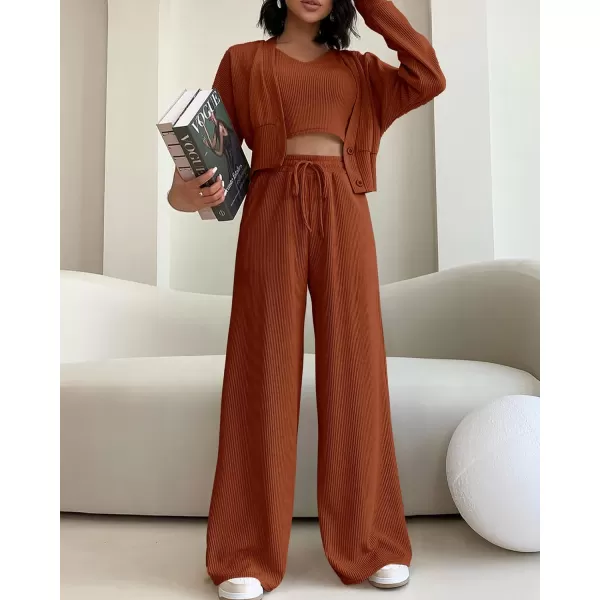 imageBTFBM Womens Fall 3 Piece Outfits Fashion Matching Sets Ribbed Knit Cardigan Cropped Tank Tops Wide Leg Pant TracksuitsSolid Brown